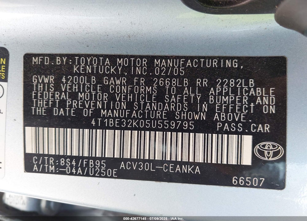 2005 TOYOTA CAMRY VIN: 4T1BE32K05U559795