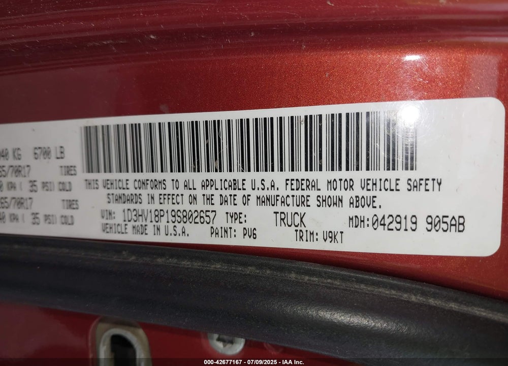 2009 DODGE RAM 1500 VIN: 1D3HV18P19S802657