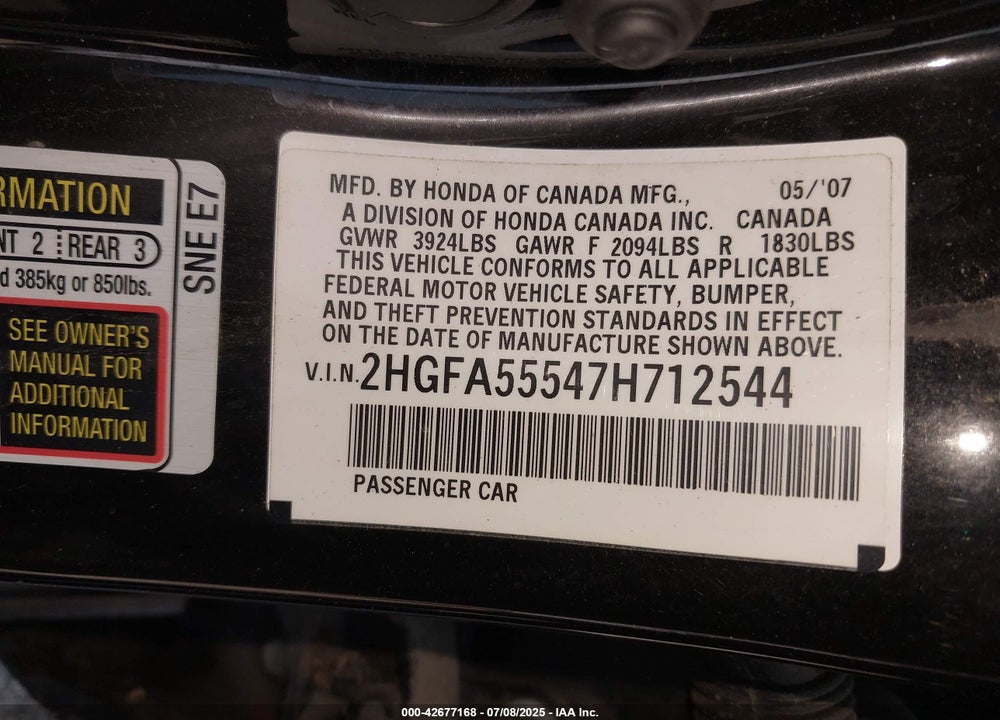 2007 HONDA CIVIC VIN: 2HGFA55547H712544