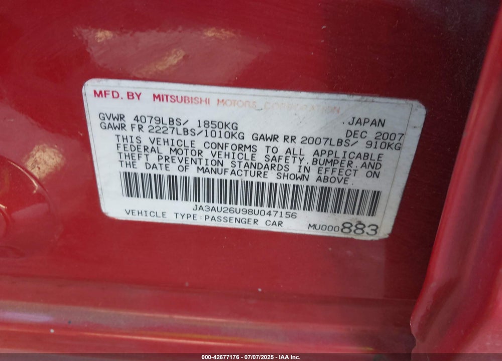 2008 MITSUBISHI LANCER VIN: JA3AU26U98U047156