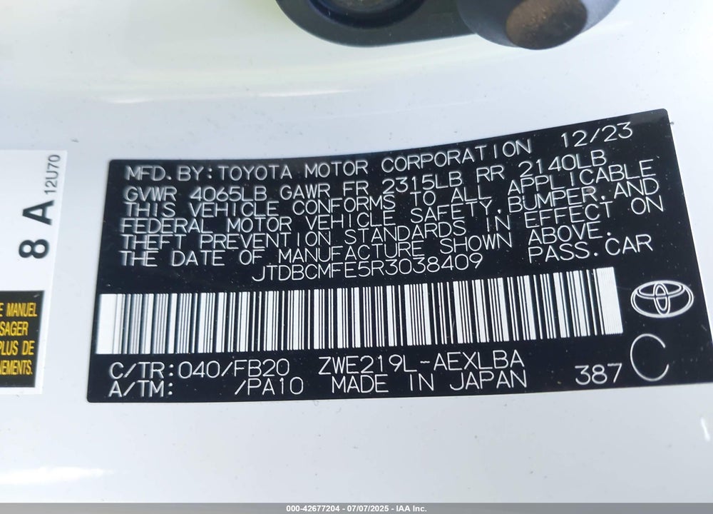 2024 TOYOTA COROLLA HYBRID LE VIN: JTDBCMFE5R3038409