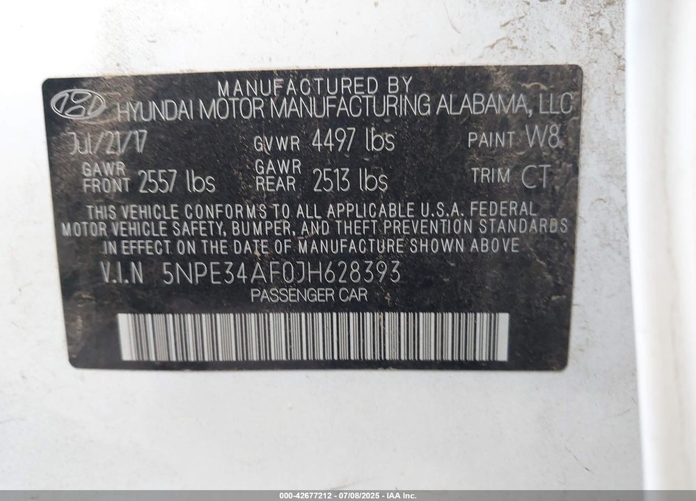 2018 HYUNDAI SONATA VIN: 5NPE34AF0JH628393