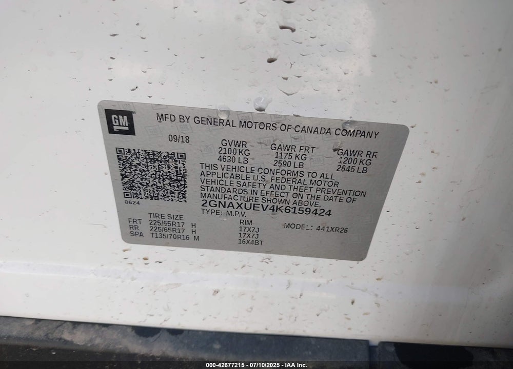 2019 CHEVROLET EQUINOX VIN: 2GNAXUEV4K6159424