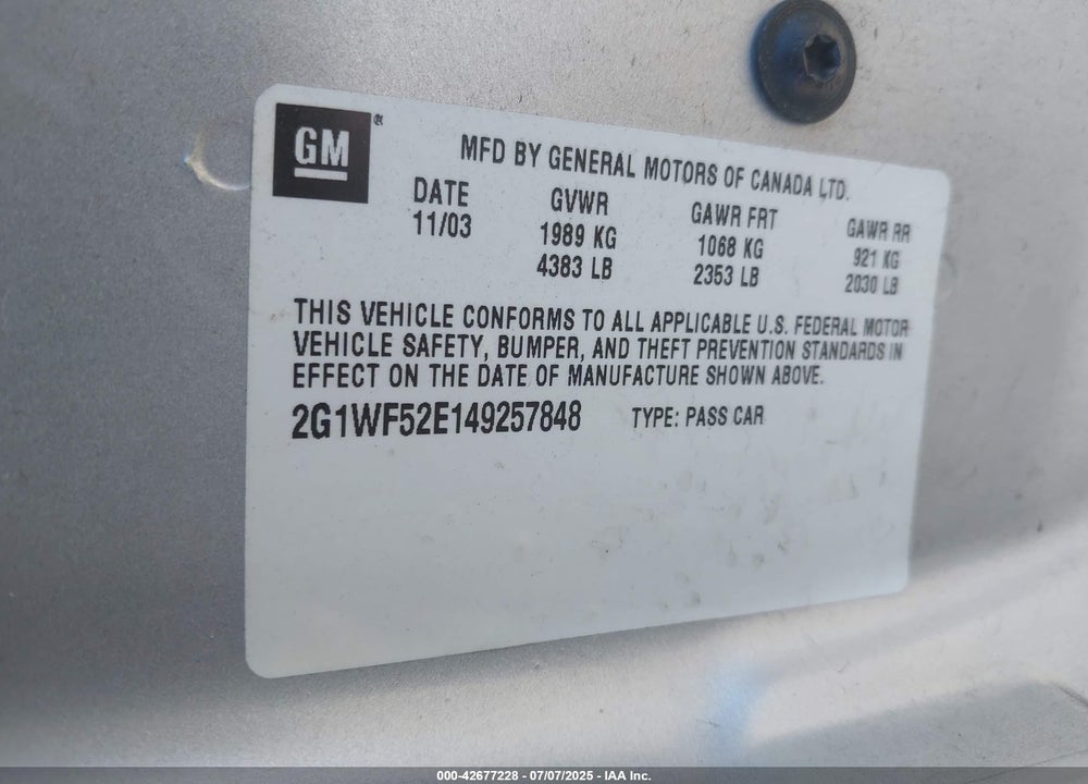 2004 CHEVROLET IMPALA VIN: 2G1WF52E149257848