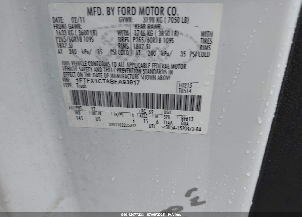 2011 FORD F-150 VIN: 1FTFX1CT8BFA93917
