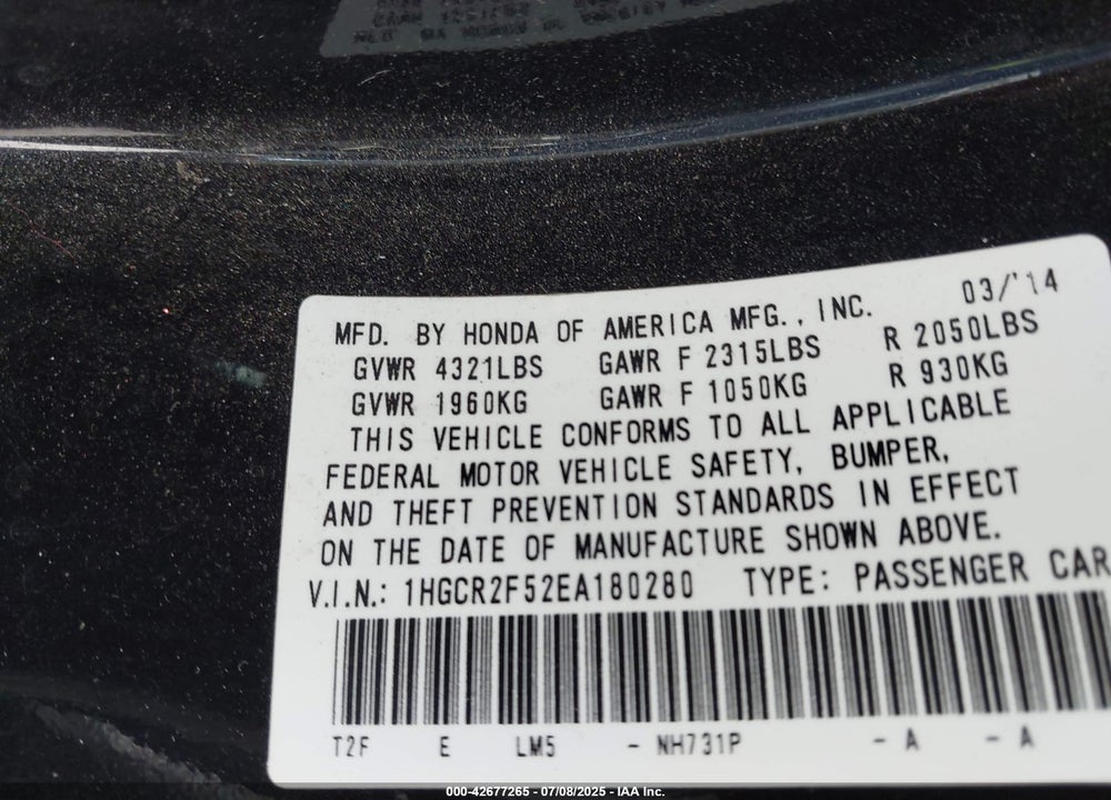 2014 HONDA ACCORD VIN: 1HGCR2F52EA180280