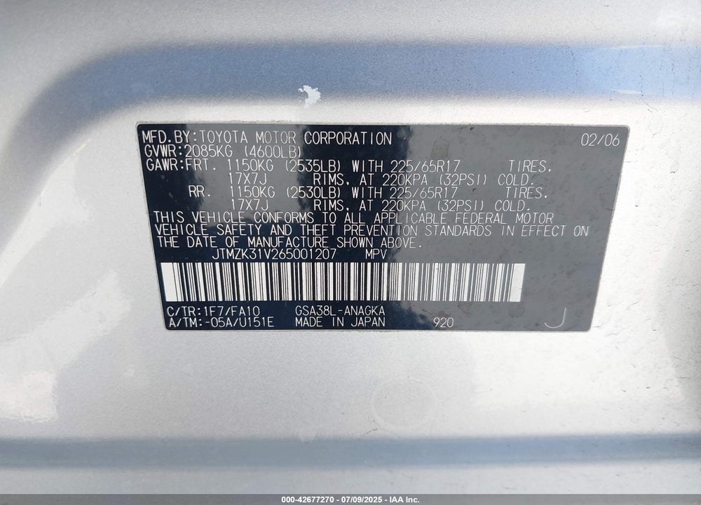 2006 TOYOTA RAV4 VIN: JTMZK31V265001207