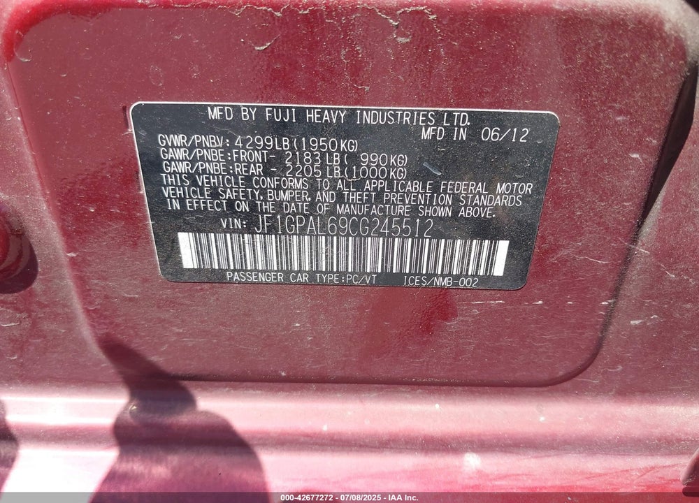 2012 SUBARU IMPREZA VIN: JF1GPAL69CG245512