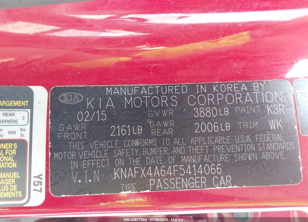 2015 KIA FORTE VIN: KNAFX4A64F5414066