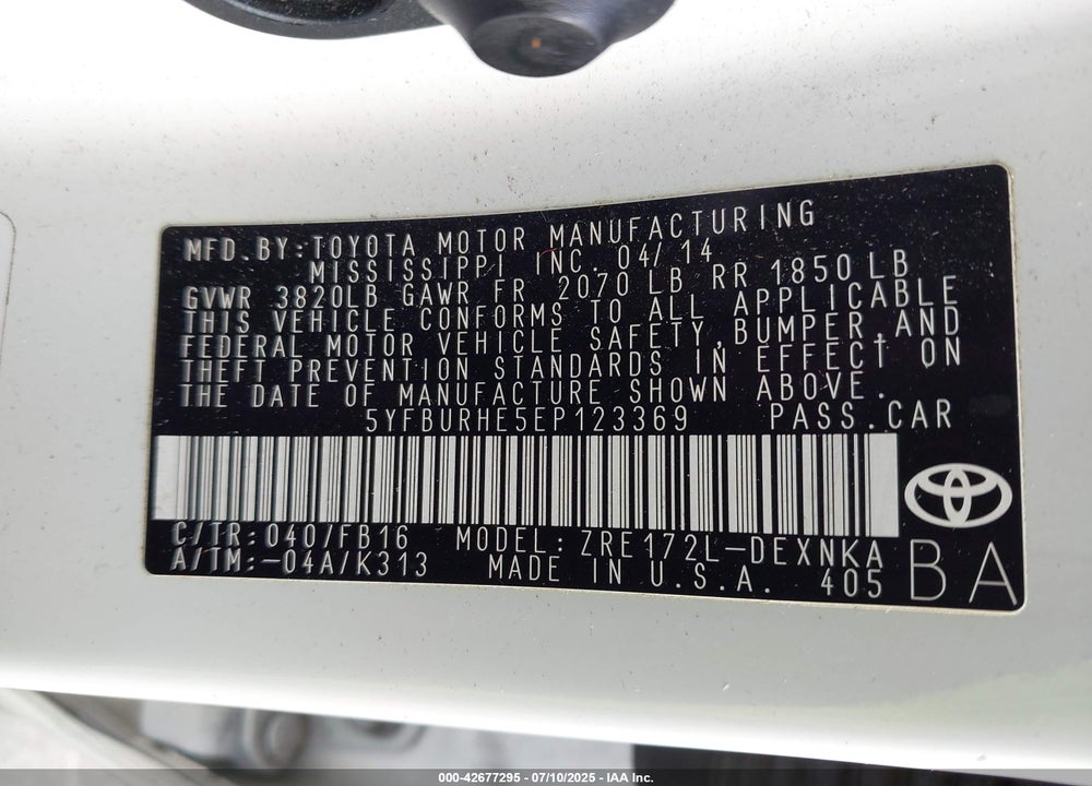 2014 TOYOTA COROLLA VIN: 5YFBURHE5EP123369