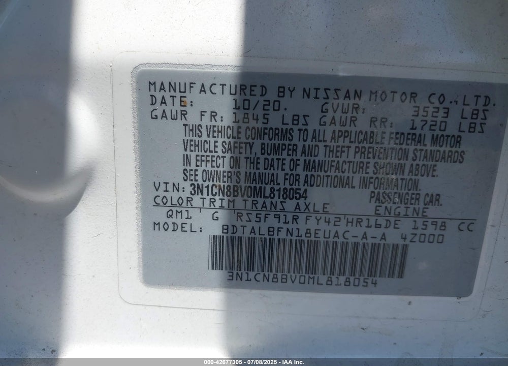 2021 NISSAN VERSA S 5-SPEED MANUAL TRANSMISSION VIN: 3N1CN8BV0ML818054
