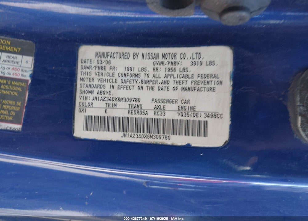 2006 NISSAN Z VIN: JN1AZ34DX6M309780