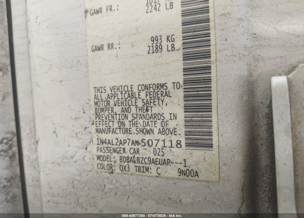 2010 NISSAN ALTIMA VIN: 1N4AL2AP7AN507118