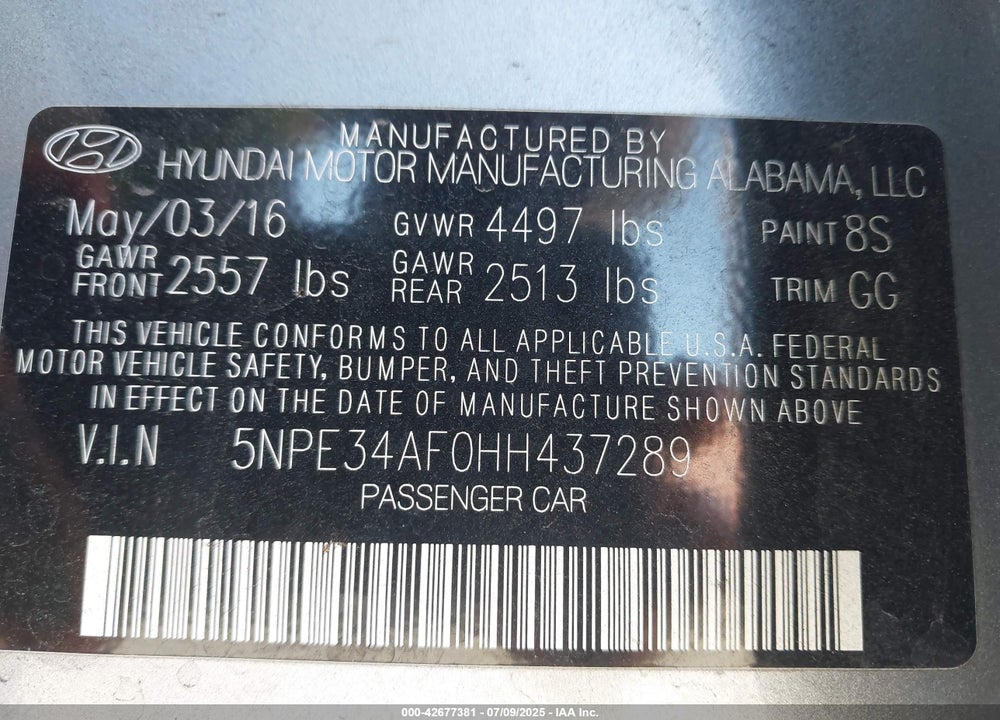 2017 HYUNDAI SONATA VIN: 5NPE34AF0HH437289