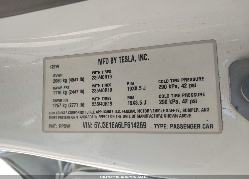 2020 TESLA MODEL 3 VIN: 5YJ3E1EA6LF614269
