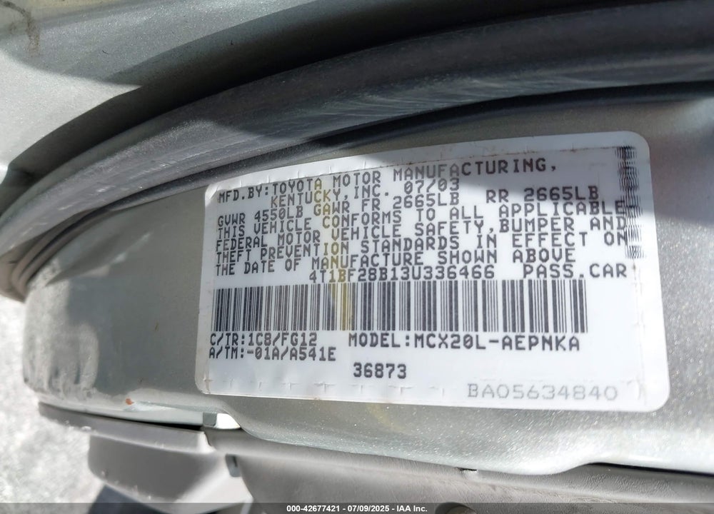 2003 TOYOTA AVALON XL VIN: 4T1BF28B13U336466