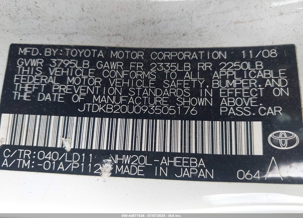 2009 TOYOTA PRIUS TOURING VIN: JTDKB20U093505176