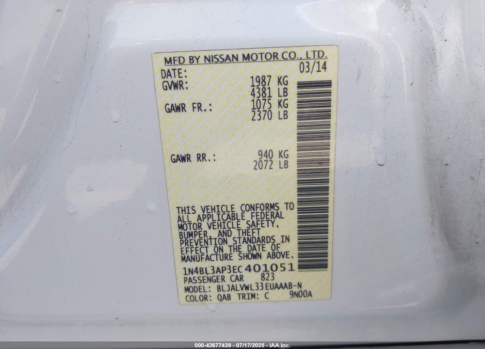 2014 NISSAN ALTIMA VIN: 1N4BL3AP3EC401051