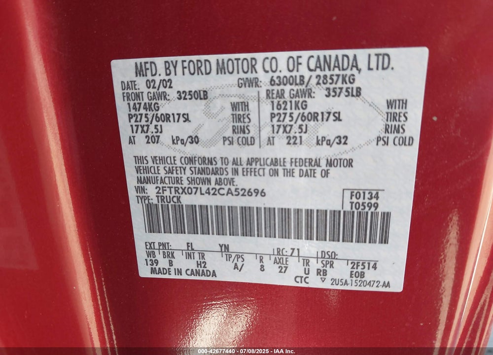2002 FORD F-150 LARIAT/XL/XLT VIN: 2FTRX07L42CA52696