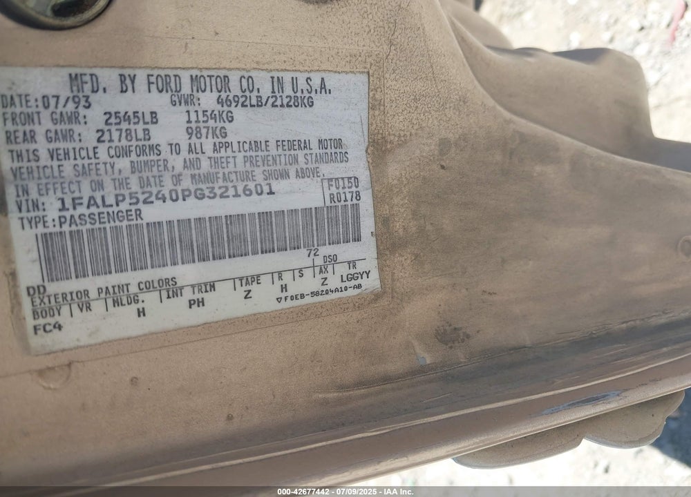 1993 FORD TAURUS GL VIN: 1FALP5240PG321601