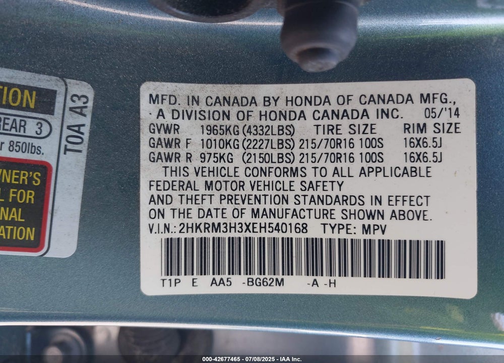2014 HONDA CR-V VIN: 2HKRM3H3XEH540168