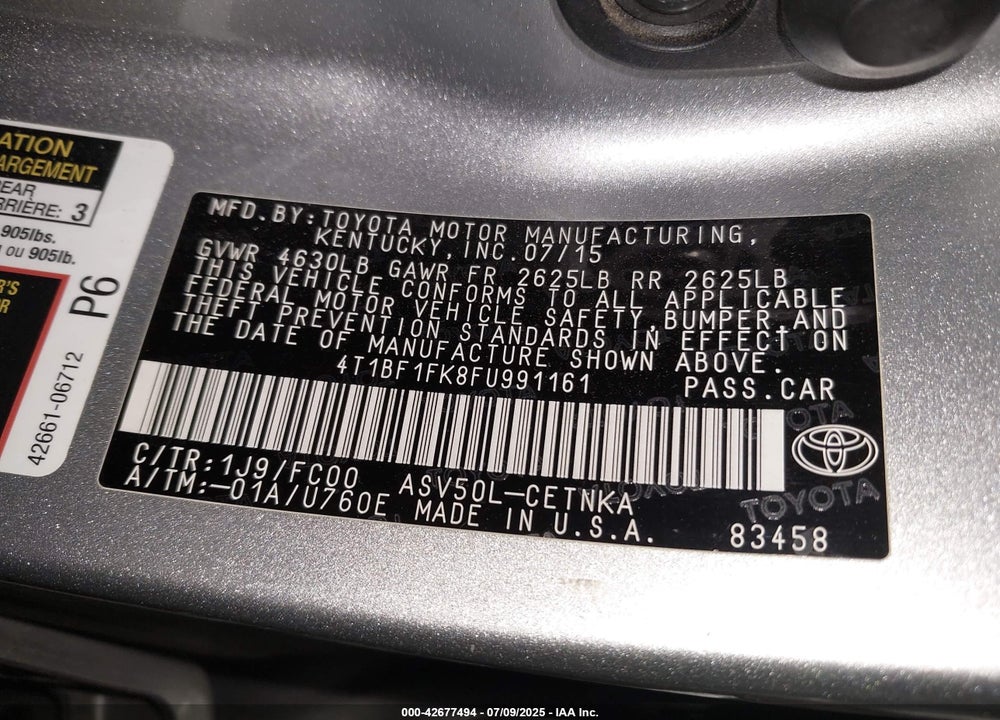 2015 TOYOTA CAMRY VIN: 4T1BF1FK8FU991161