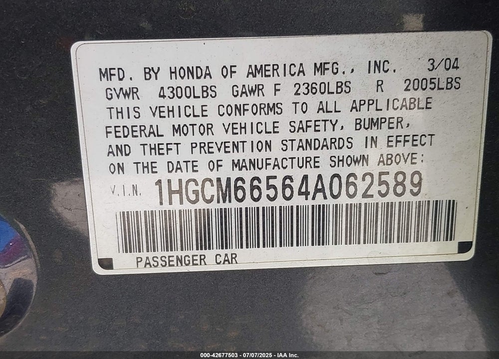 2004 HONDA ACCORD 3.0 EX VIN: 1HGCM66564A062589