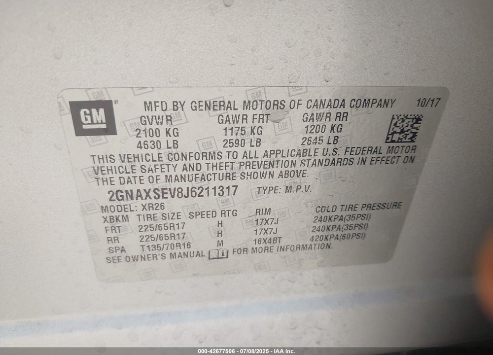 2018 CHEVROLET EQUINOX VIN: 2GNAXSEV8J6211317