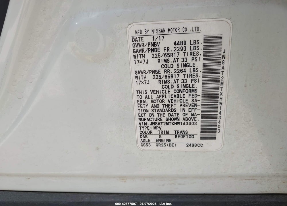 2017 NISSAN ROGUE VIN: JN8AT2MTXHW143403