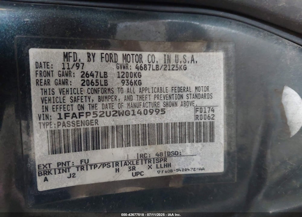 1998 FORD TAURUS LX/SE VIN: 1FAFP52U2WG140995