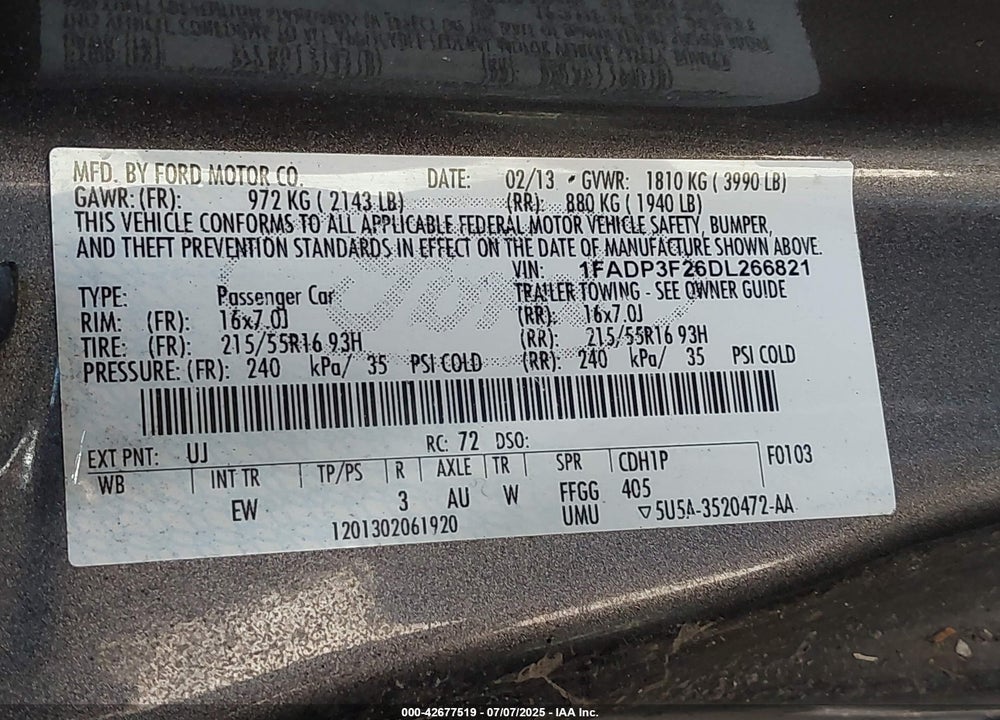 2013 FORD FOCUS VIN: 1FADP3F26DL266821