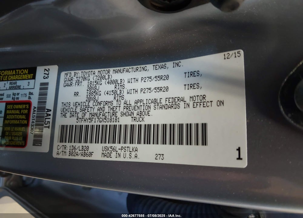 2016 TOYOTA TUNDRA LIMITED 5.7L V8 VIN: 5TFHY5F17GX518181
