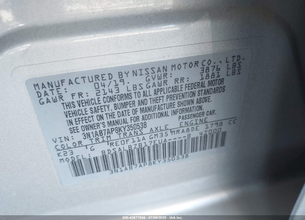 2019 NISSAN SENTRA VIN: 3N1AB7AP8KY350538