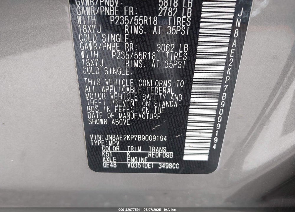 2011 NISSAN QUEST SL VIN: JN8AE2KP7B9009194