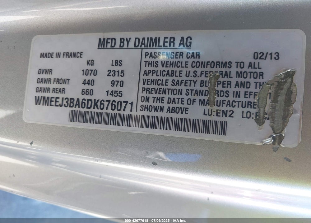 2013 SMART FORTWO VIN: WMEEJ3BA6DK676071