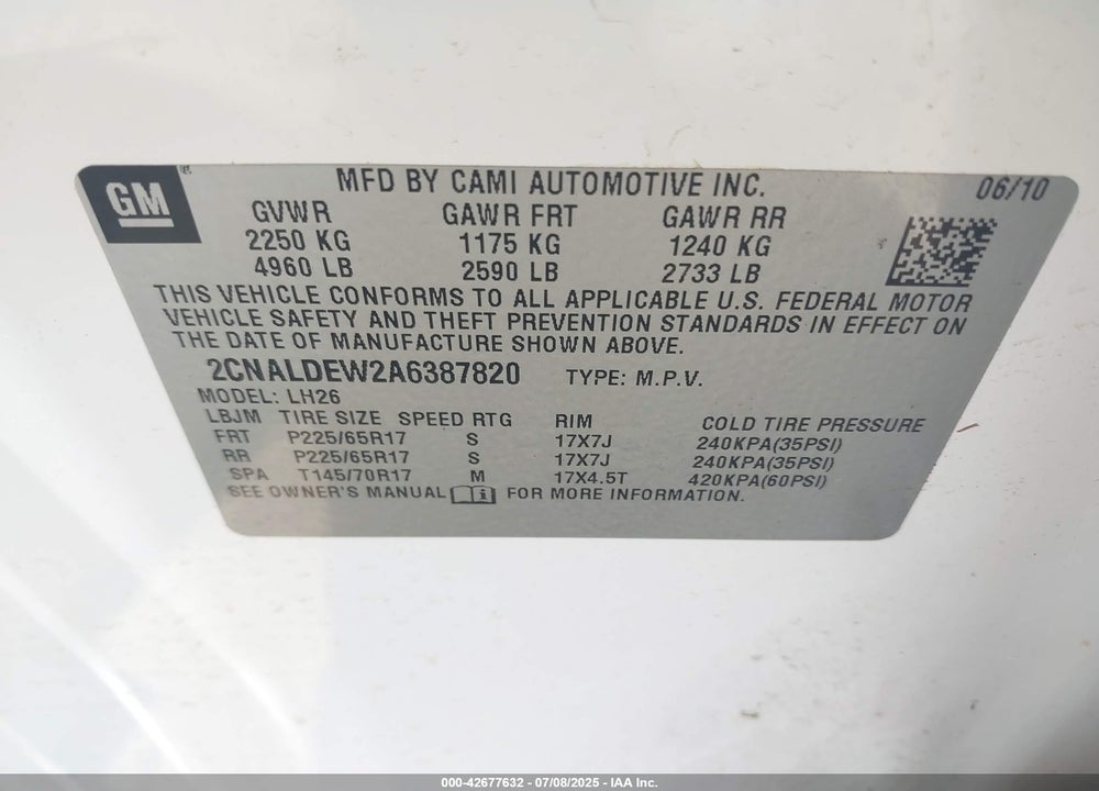 2010 CHEVROLET EQUINOX VIN: 2CNALDEW2A6387820