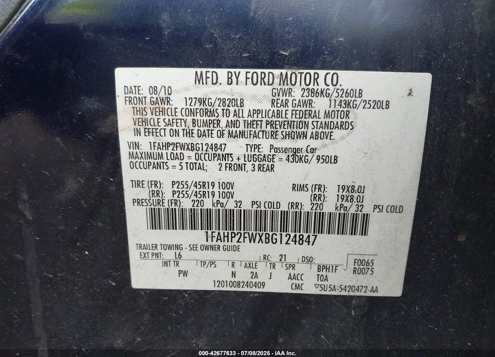 2011 FORD TAURUS VIN: 1FAHP2FWXBG124847