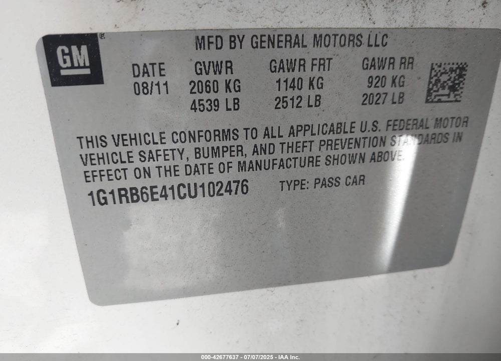 2012 CHEVROLET VOLT VIN: 1G1RB6E41CU102476