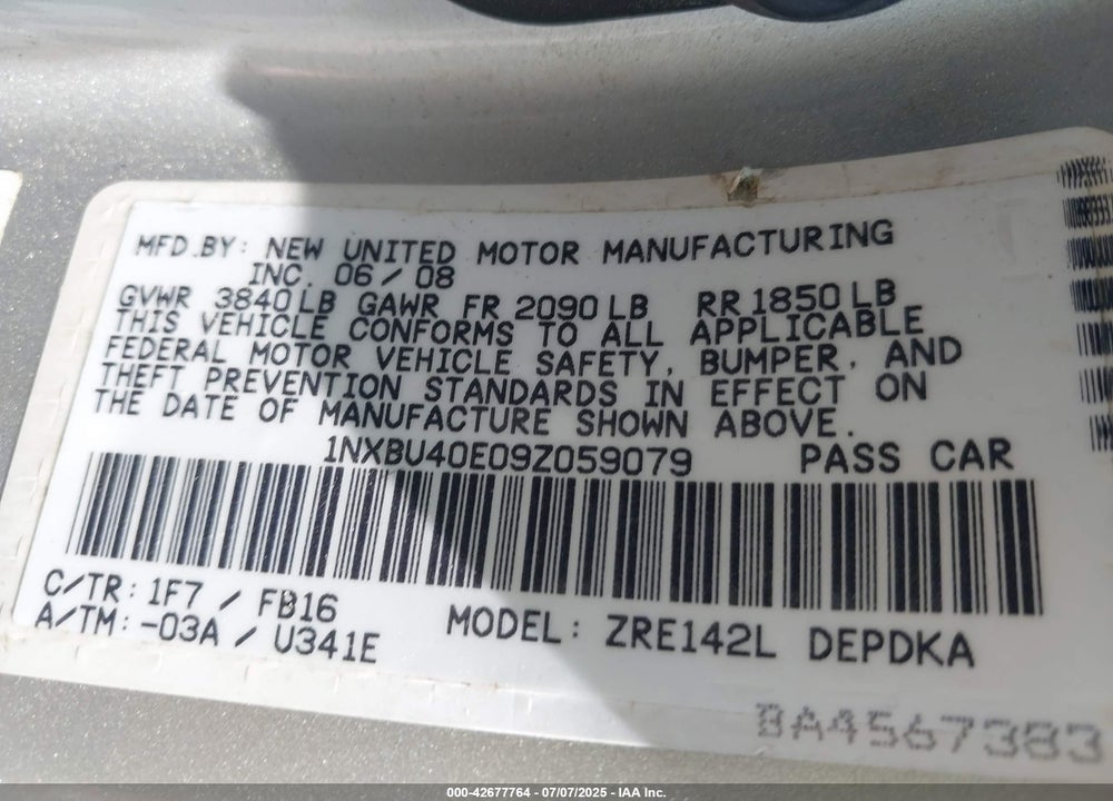 2009 TOYOTA COROLLA VIN: 1NXBU40E09Z059079