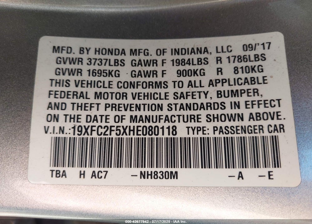 2017 HONDA CIVIC VIN: 19XFC2F5XHE080118