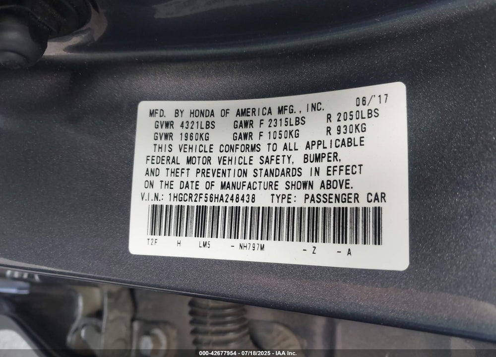 2017 HONDA ACCORD VIN: 1HGCR2F56HA248438