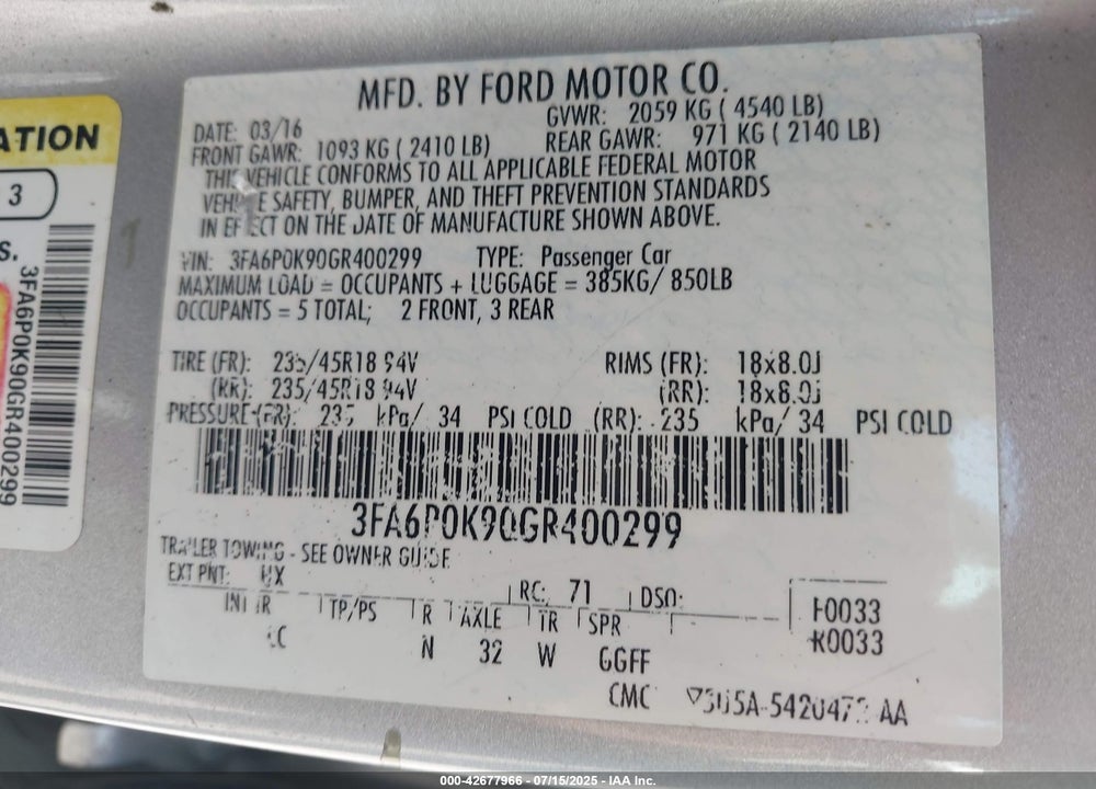 2016 FORD FUSION VIN: 3FA6P0K90GR400299