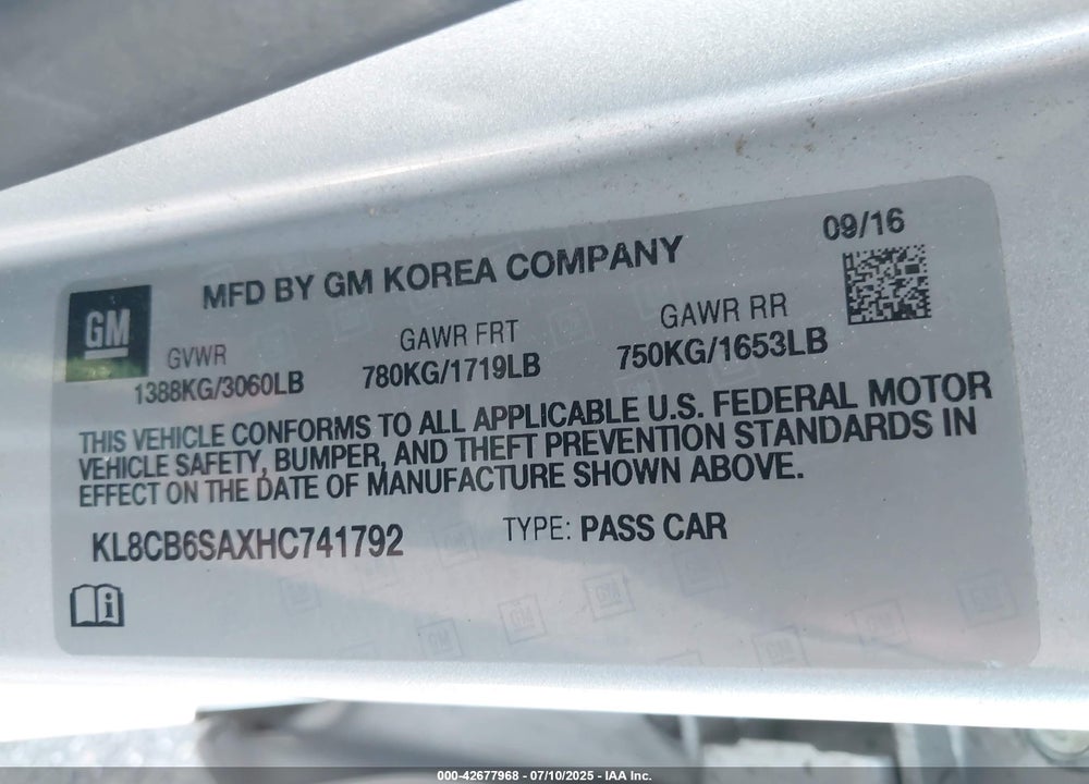 2017 CHEVROLET SPARK LS CVT VIN: KL8CB6SAXHC741792