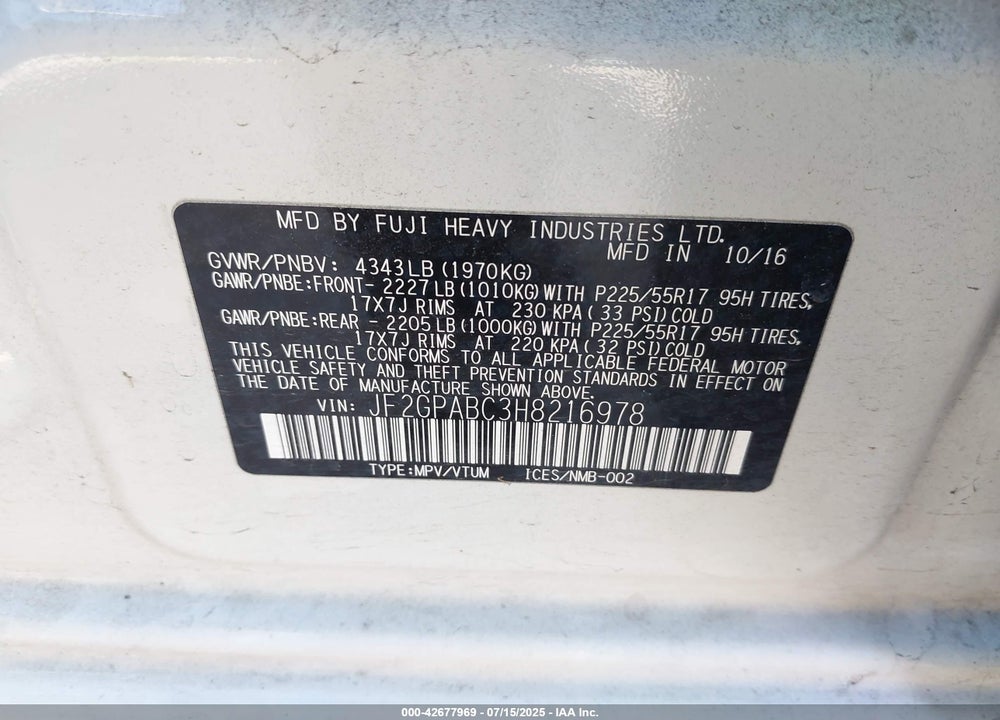 2017 SUBARU CROSSTREK VIN: JF2GPABC3H8216978