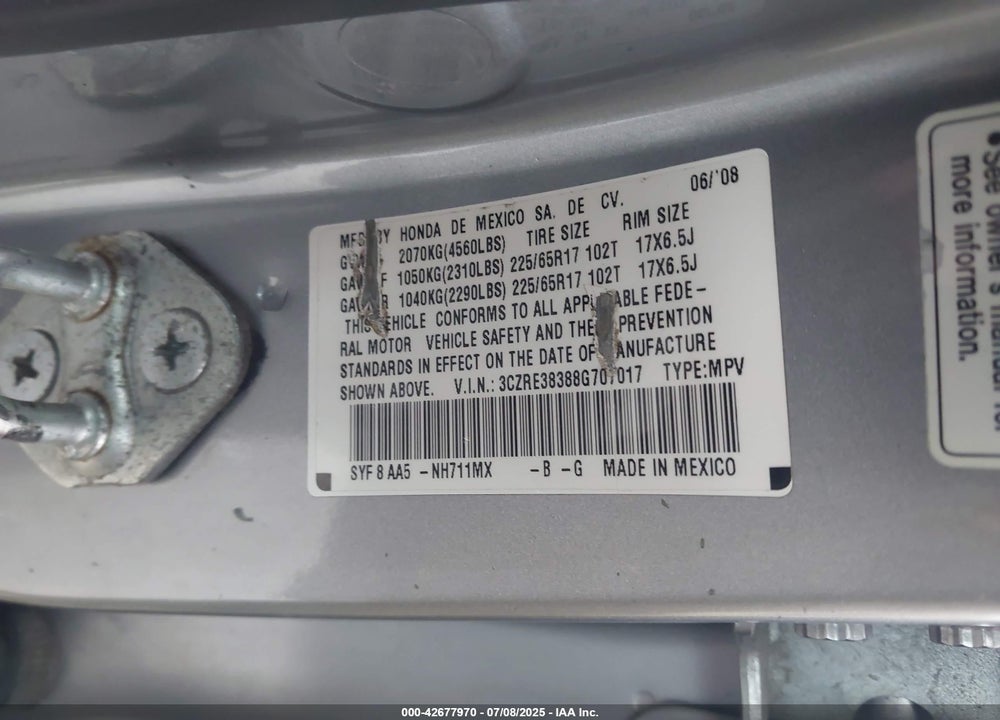 2008 HONDA CR-V LX VIN: 3CZRE38388G707017