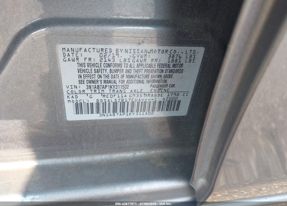 2019 NISSAN SENTRA VIN: 3N1AB7AP1KY311502