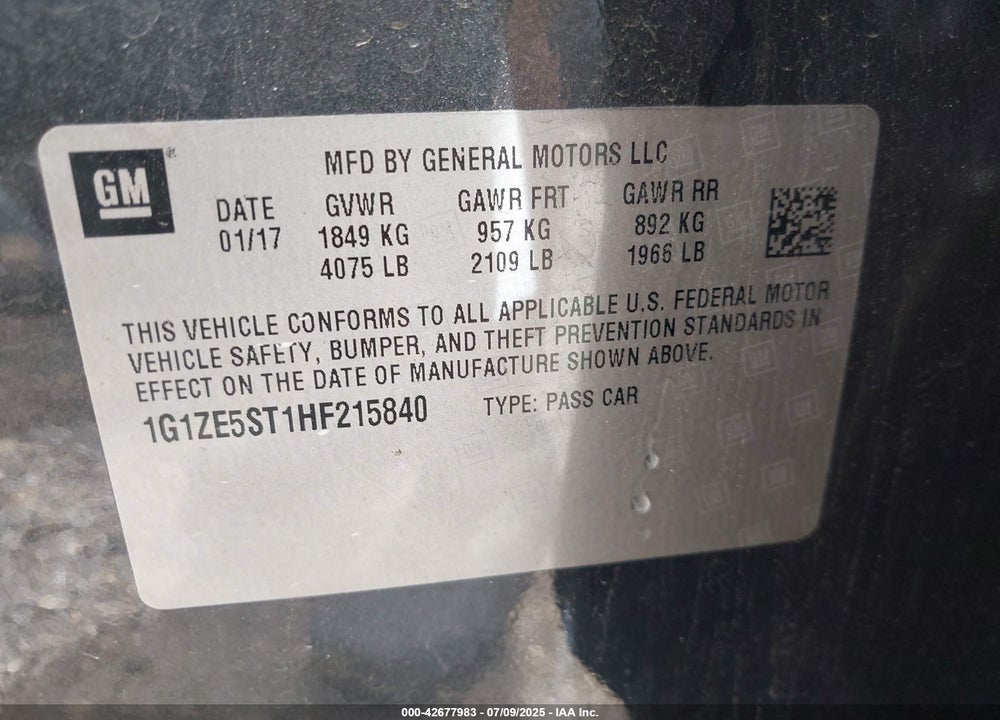 2017 CHEVROLET MALIBU VIN: 1G1ZE5ST1HF215840