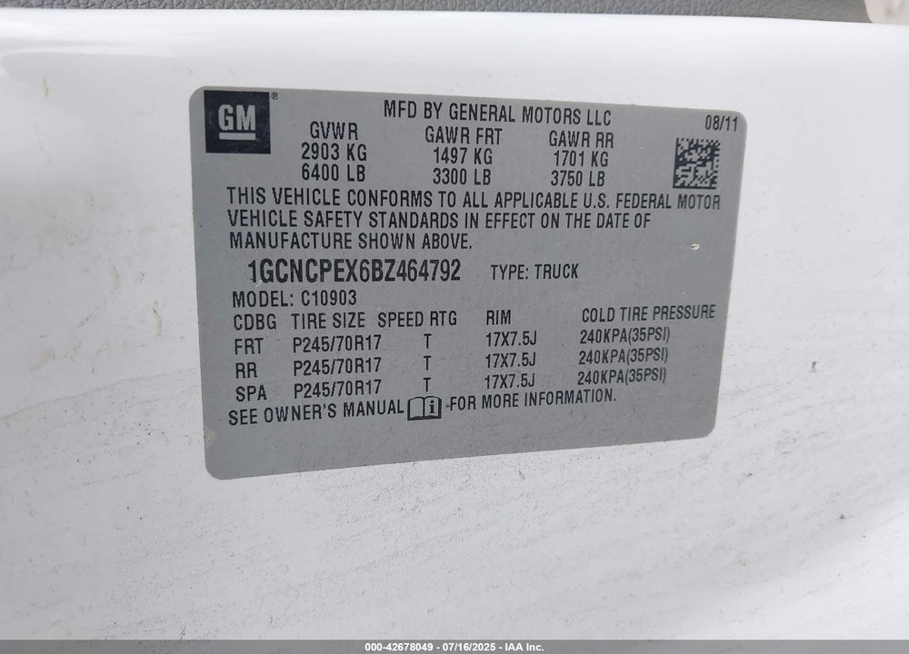 2011 CHEVROLET SILVERADO 1500 VIN: 1GCNCPEX6BZ464792