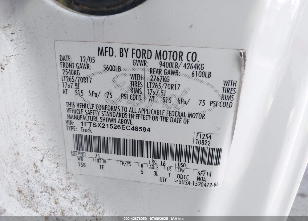 2006 FORD F-250 LARIAT/XL/XLT VIN: 1FTSX21526EC48594