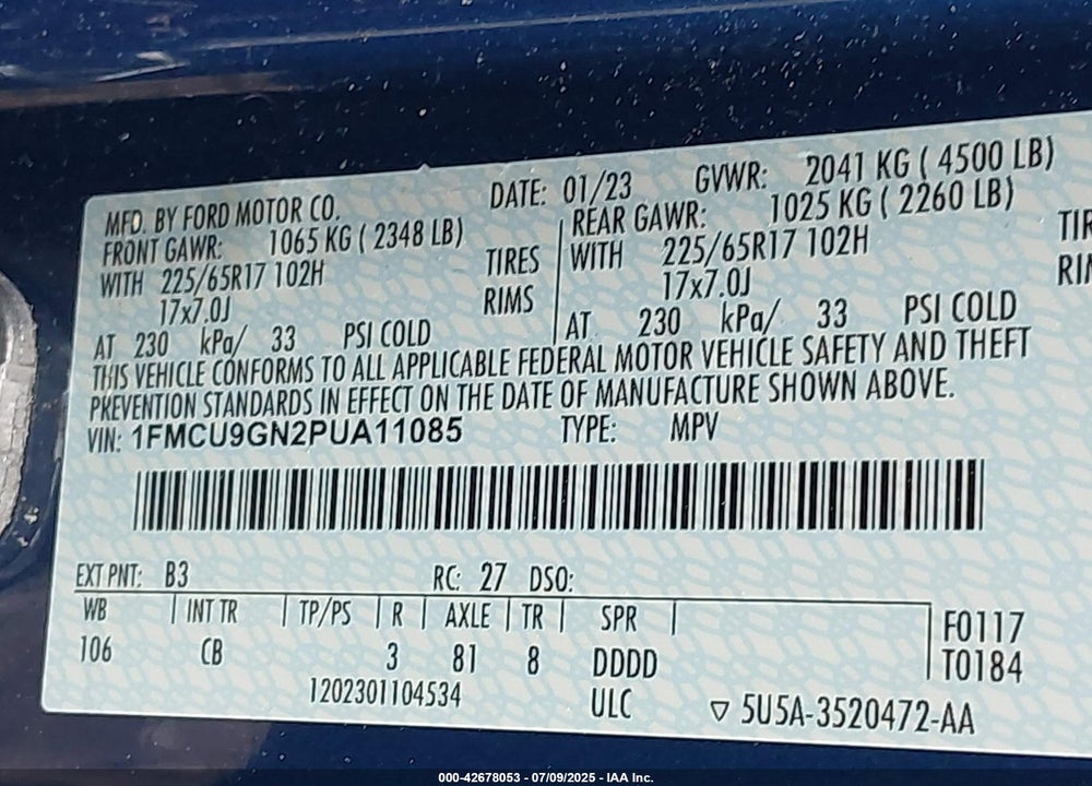 2023 FORD ESCAPE VIN: 1FMCU9GN2PUA11085